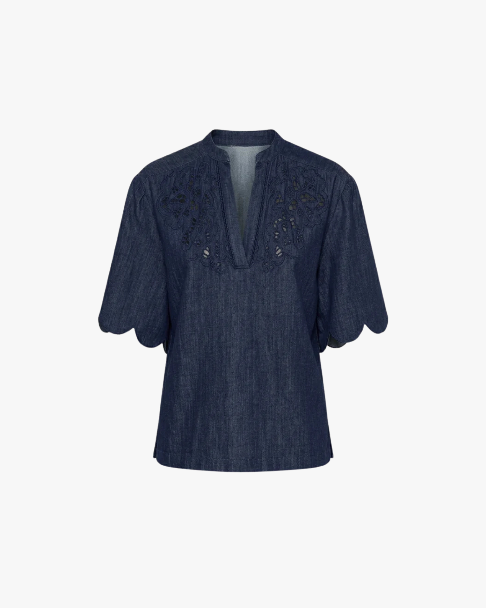Sahira - The Denim Cutwork Embroidery Yoke Top With Short Sleeves