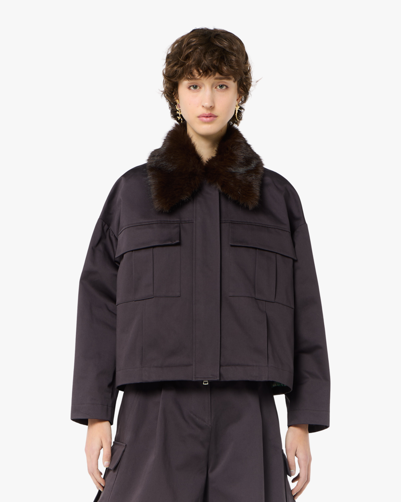 Jacket With Detachable Fur Collar Purple