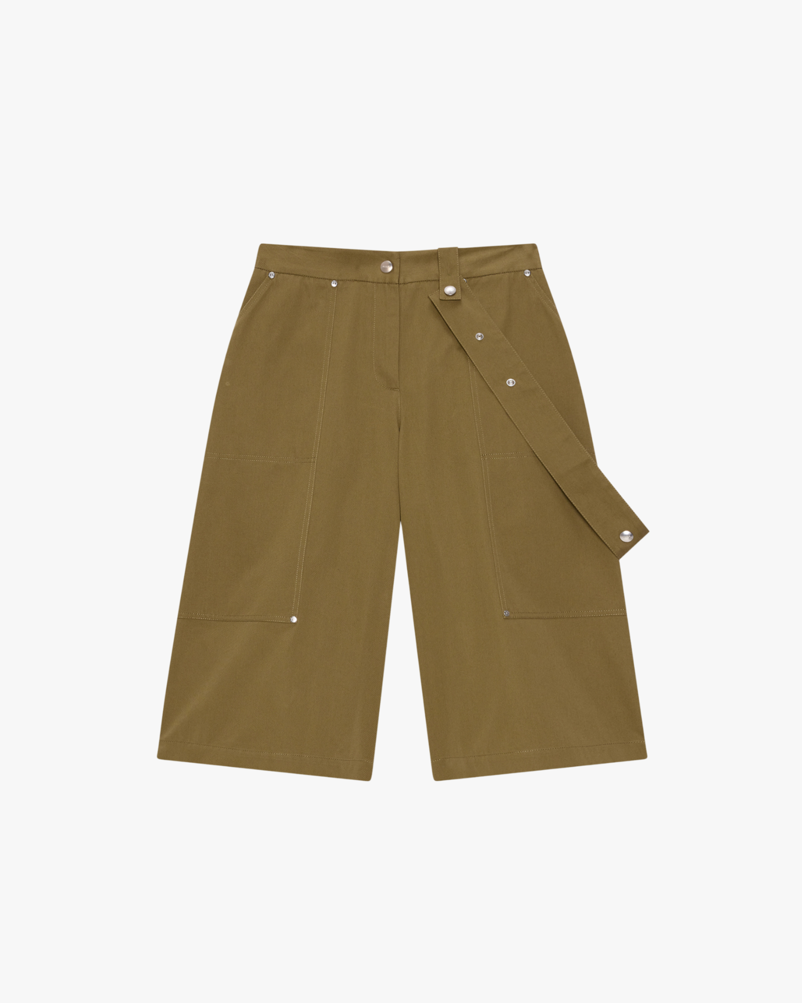 Military green cotton gabardine trousers with patch pockets and removable belt