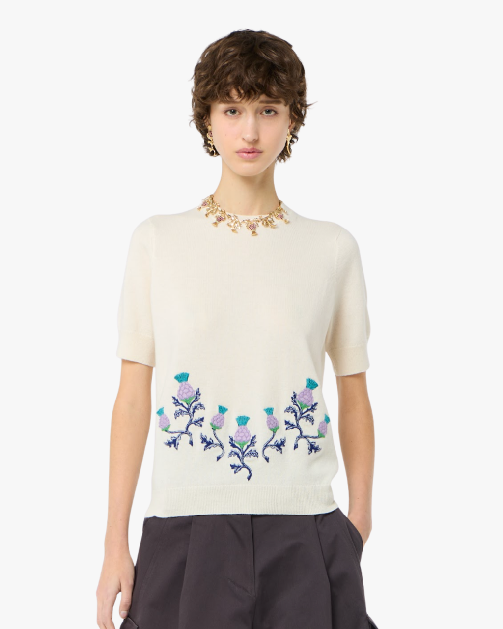 Crew-Neck Sweater Short-Sleeve With Embroidery