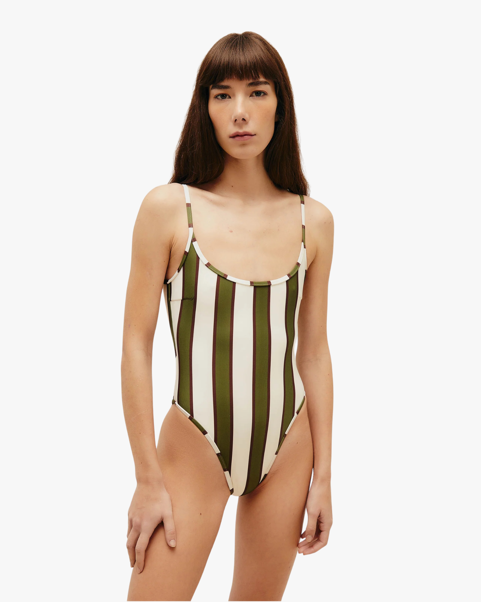One Piece Swimsuit Pipping Olive Stripes
