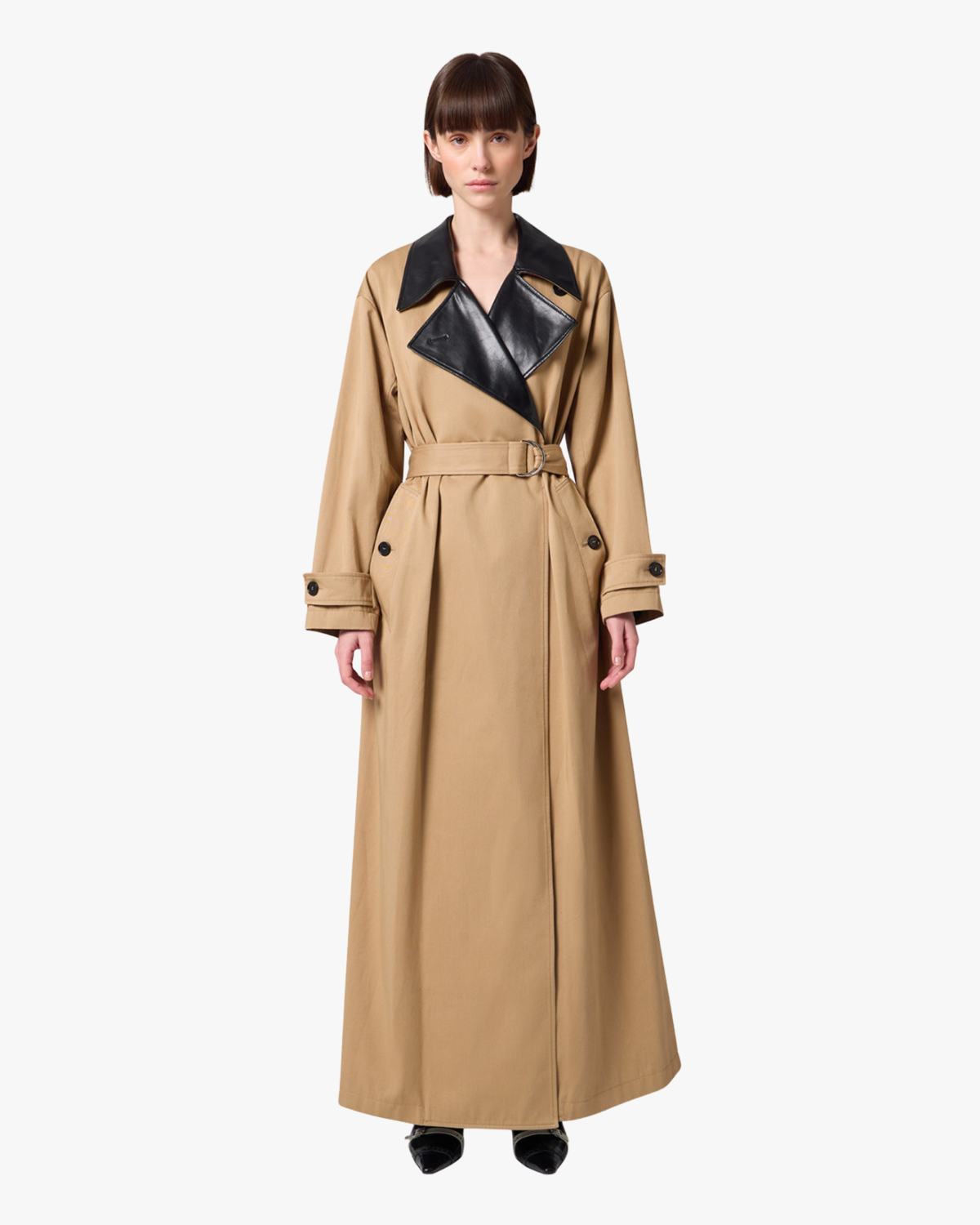 Gabardine Trench Coat With Belt And Faux Leather Camel