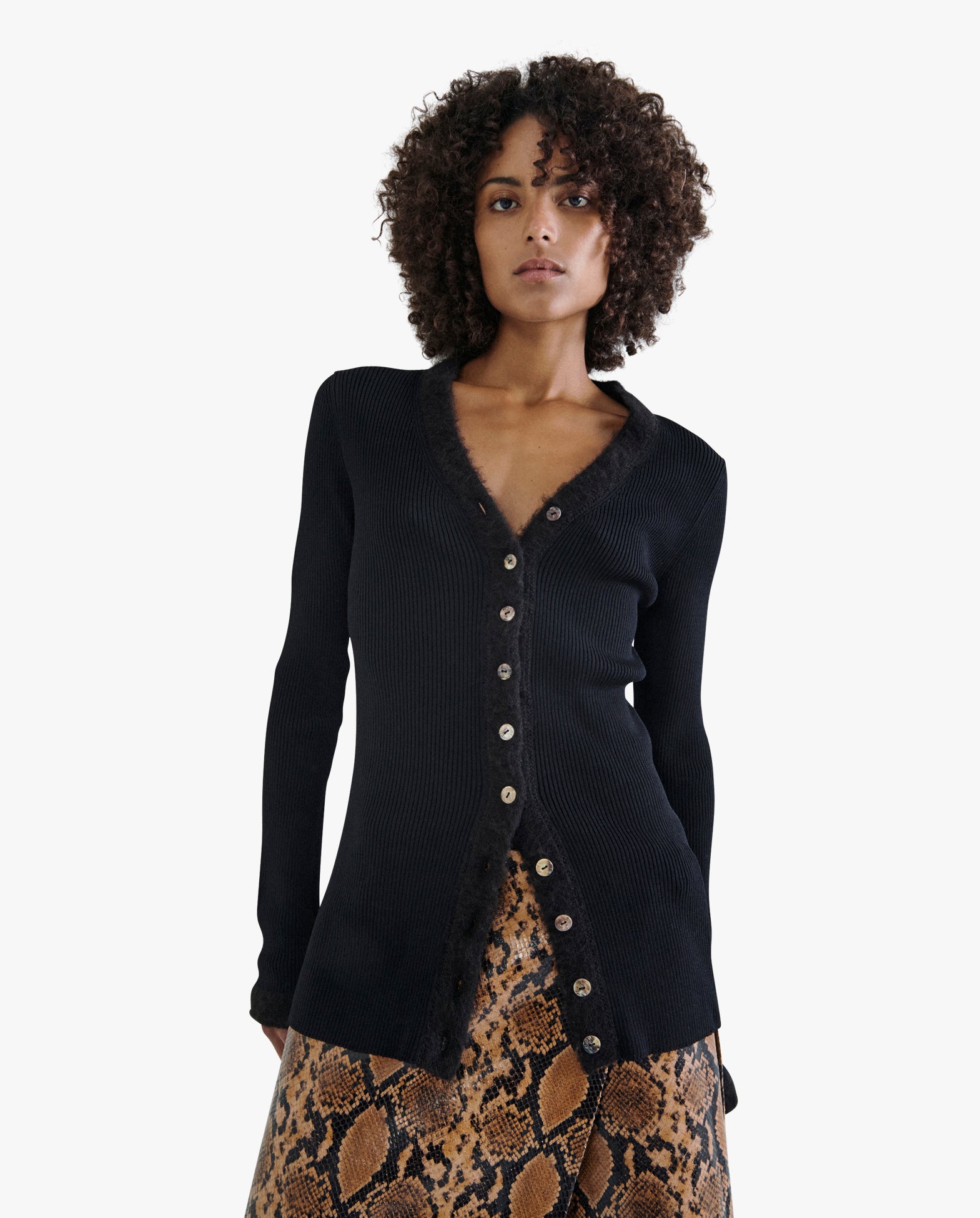 Knit Cardigan Rib W/ Contrast Neckline & Cuff