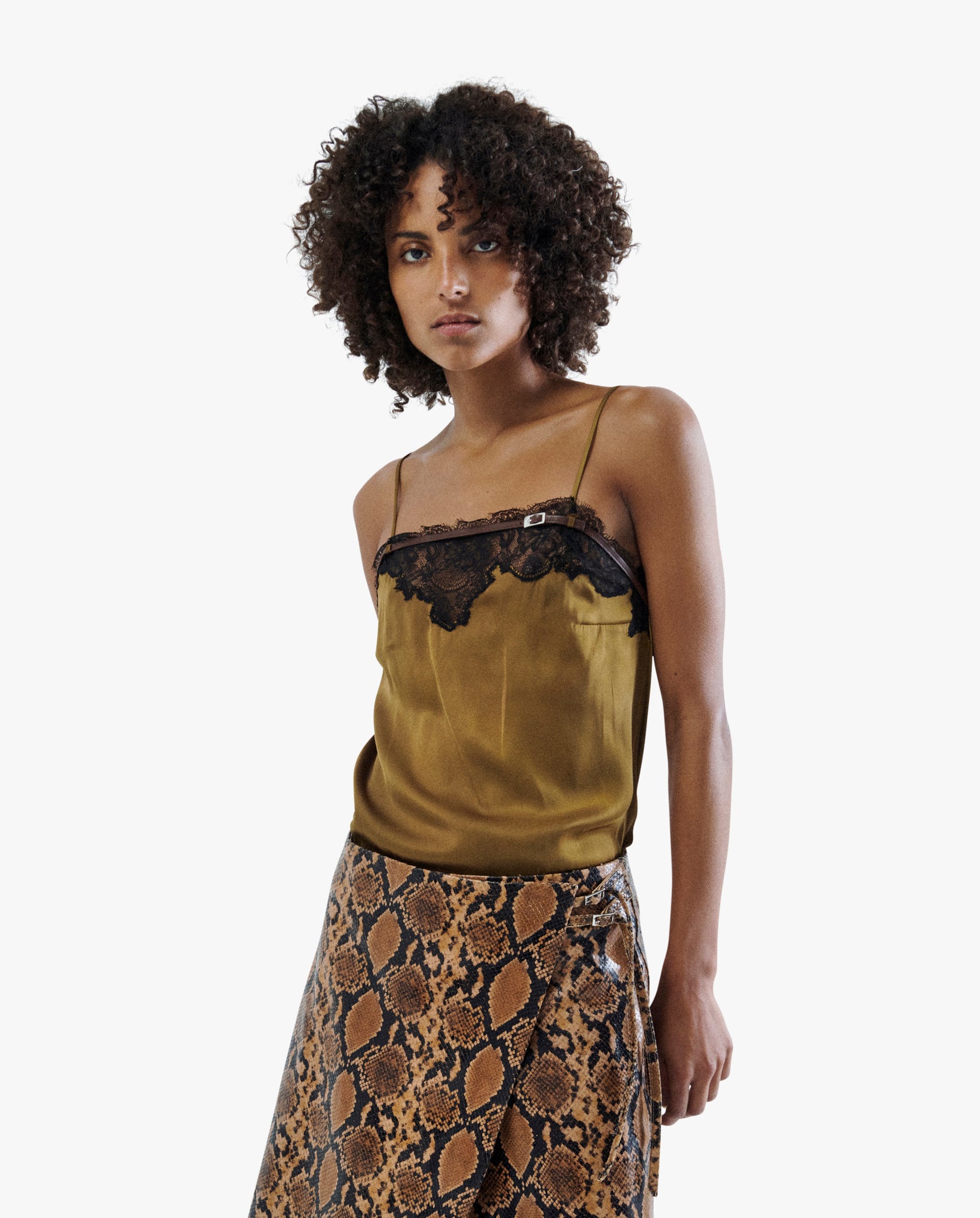 Satin Caraco W/ Lace Straight Neckline Detail Olive