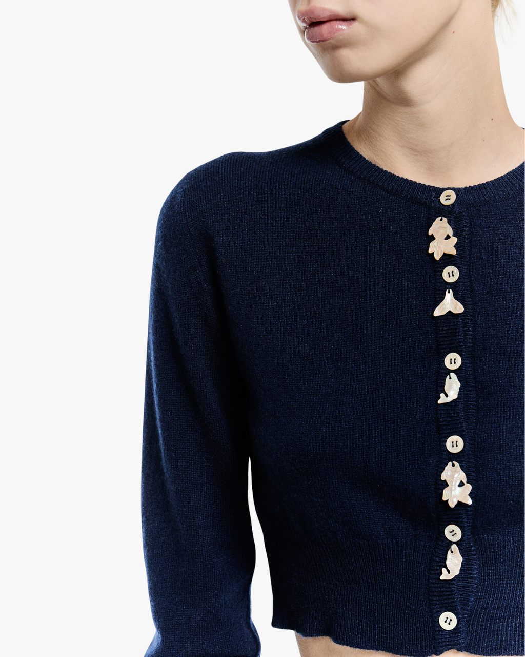 Cardigan corto con pesciolino blu grafite