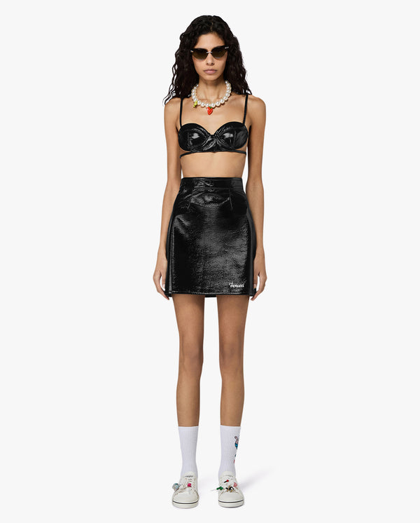 Black Logo Embroidered Vinyl Mini Skirt
