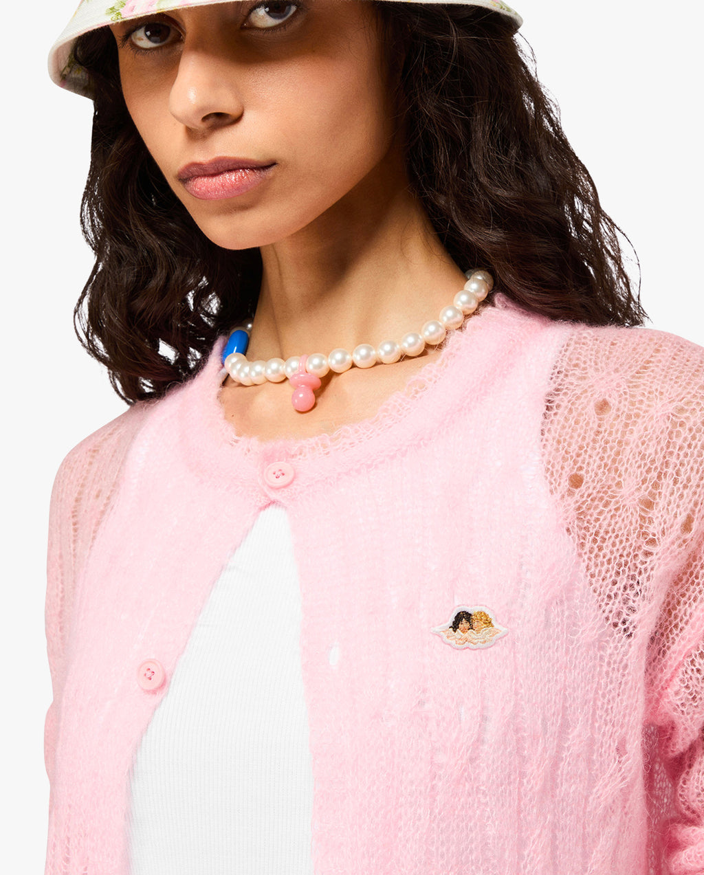 Pink Mohair Angel Patch Cropped Cardigan