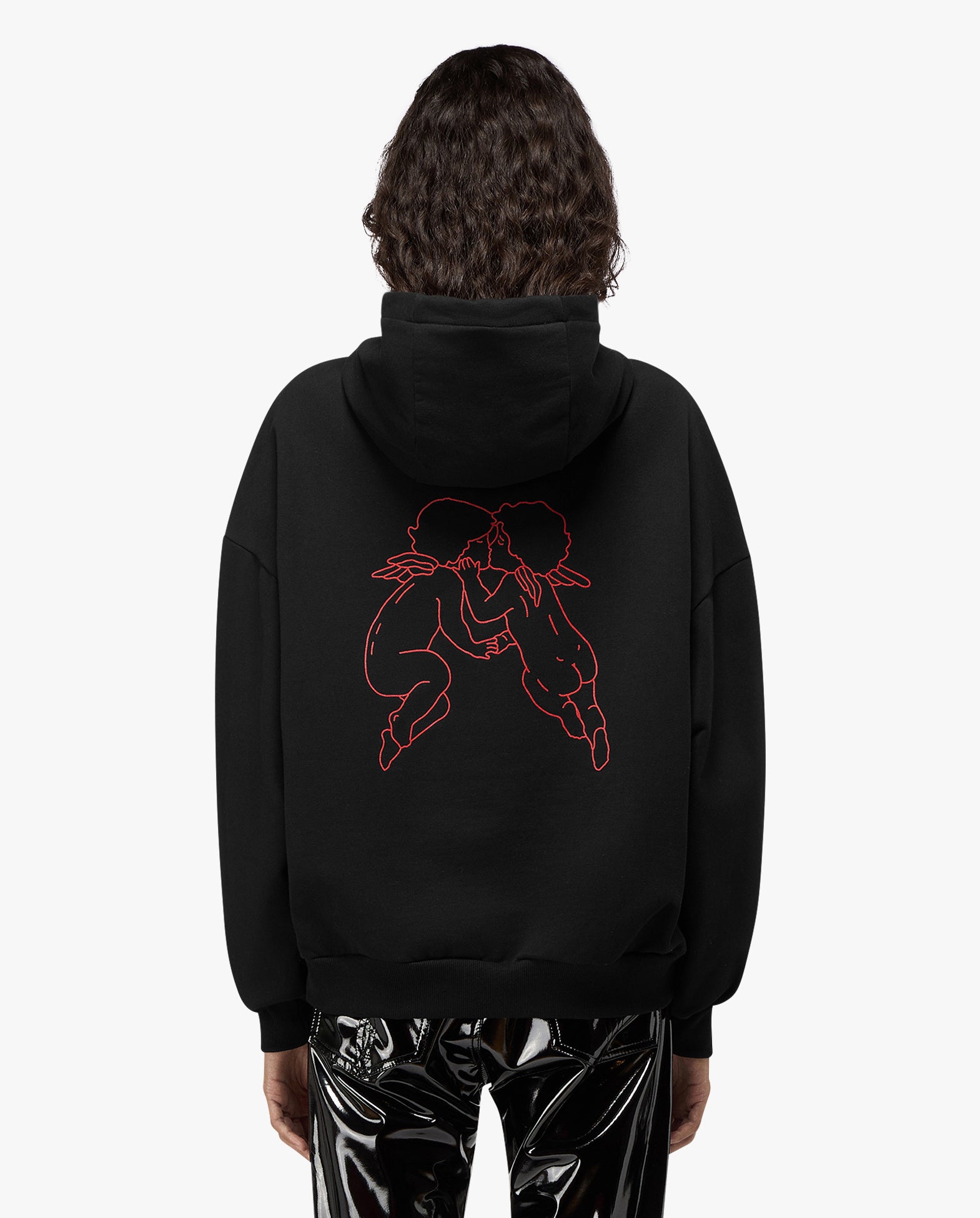 Womens Black Kissing Angels Love Print Relaxed Hoodie