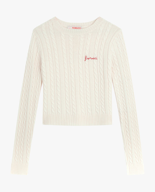 Cream Merino Cableknit Red Logo Cropped Sweater