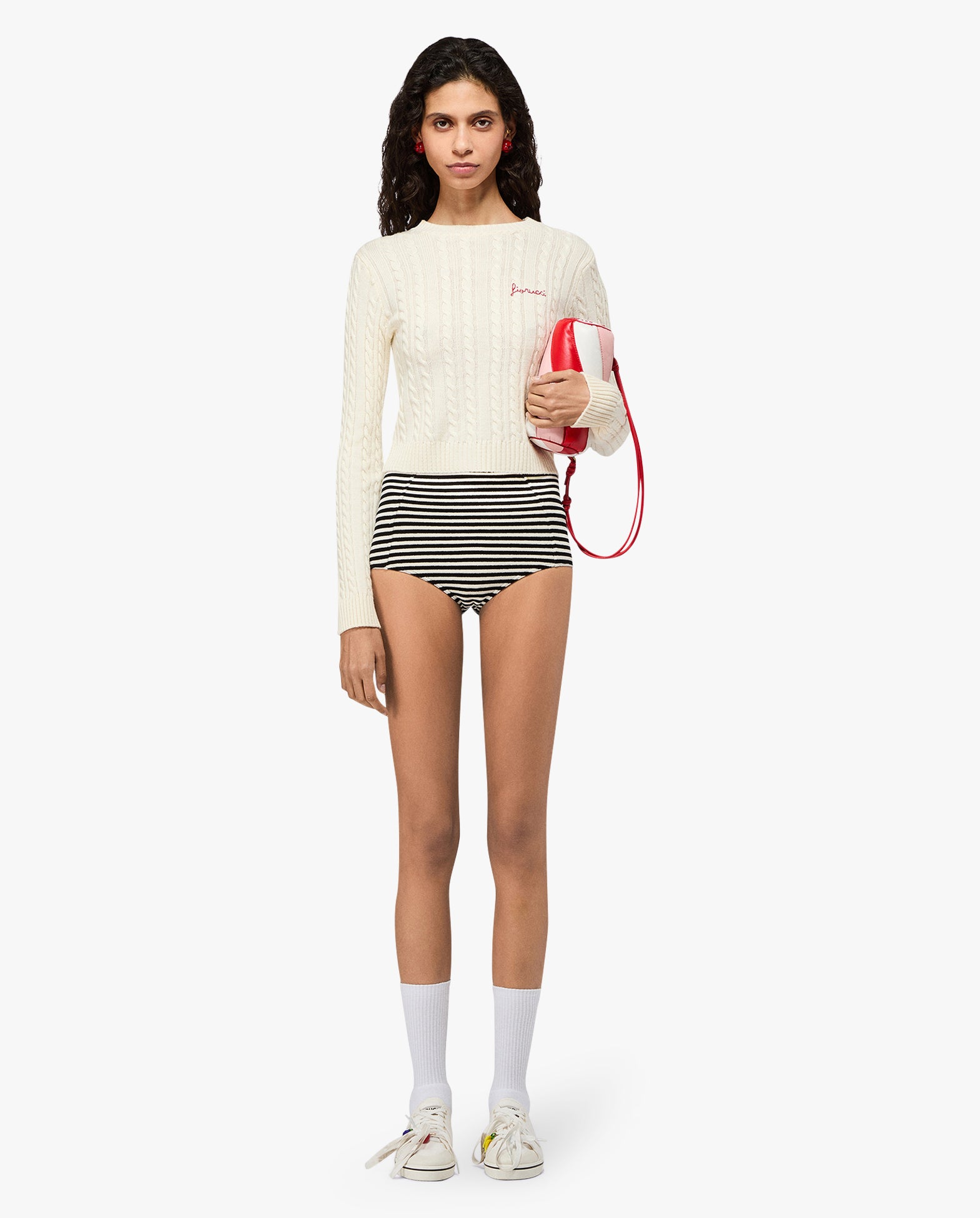 Cream Merino Cableknit Red Logo Cropped Sweater