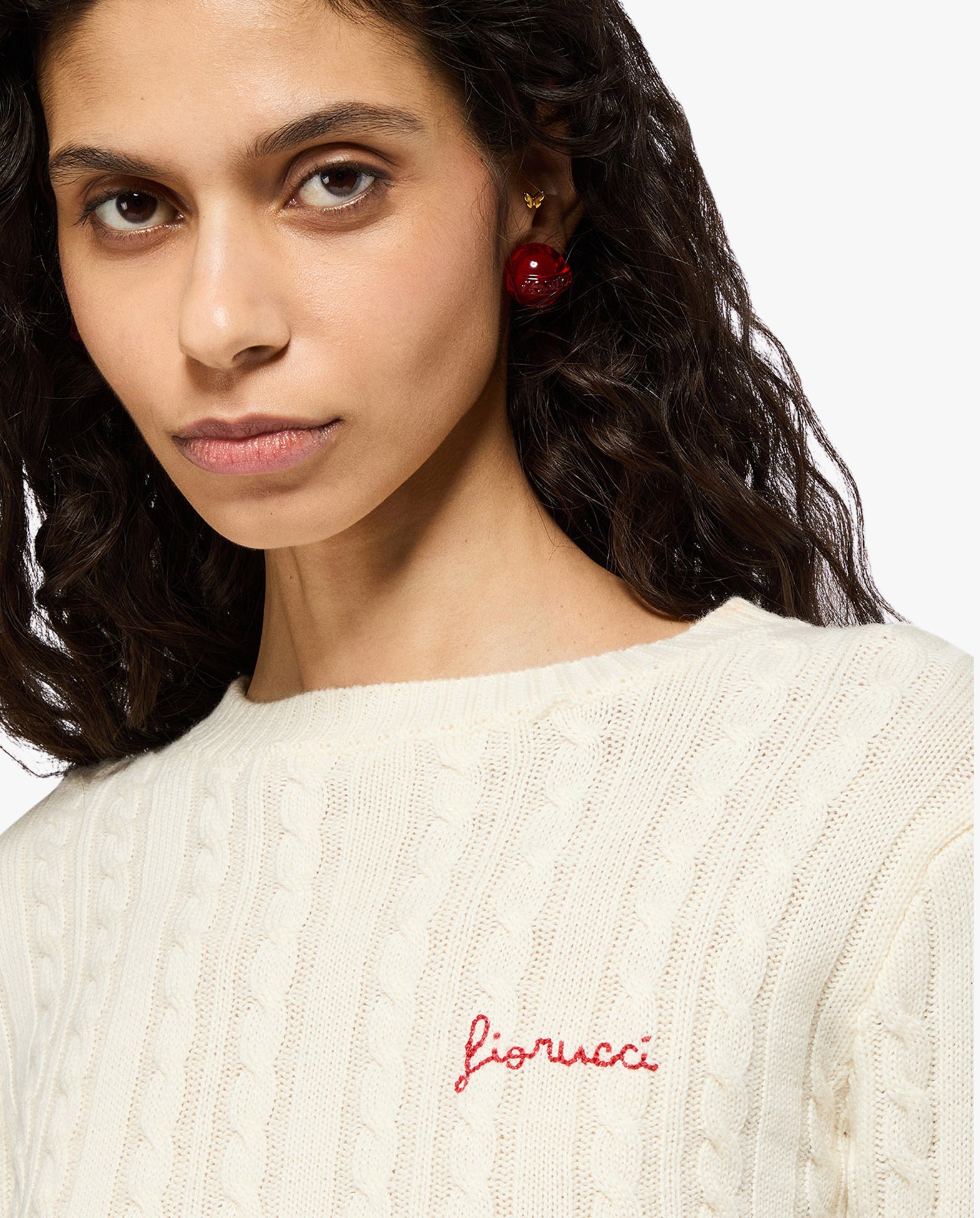 Cream Merino Cableknit Red Logo Cropped Sweater