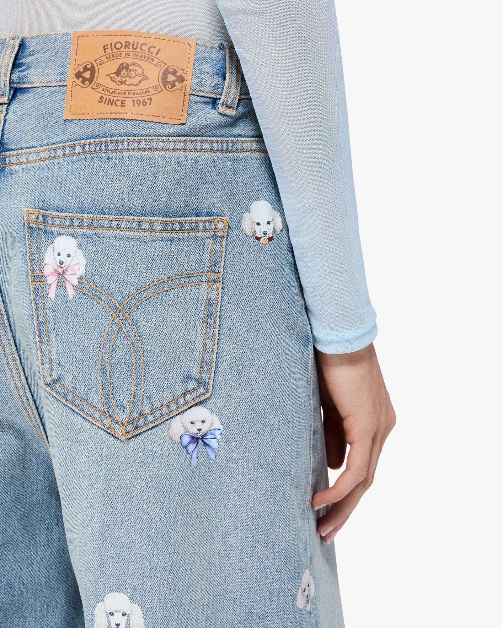 Womens Light Blue Poodle Print Baggy Jeans Blue