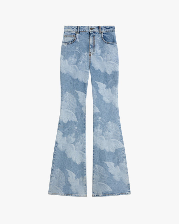 Mid Blue Angel Print Skinny Flared Jeans Blue