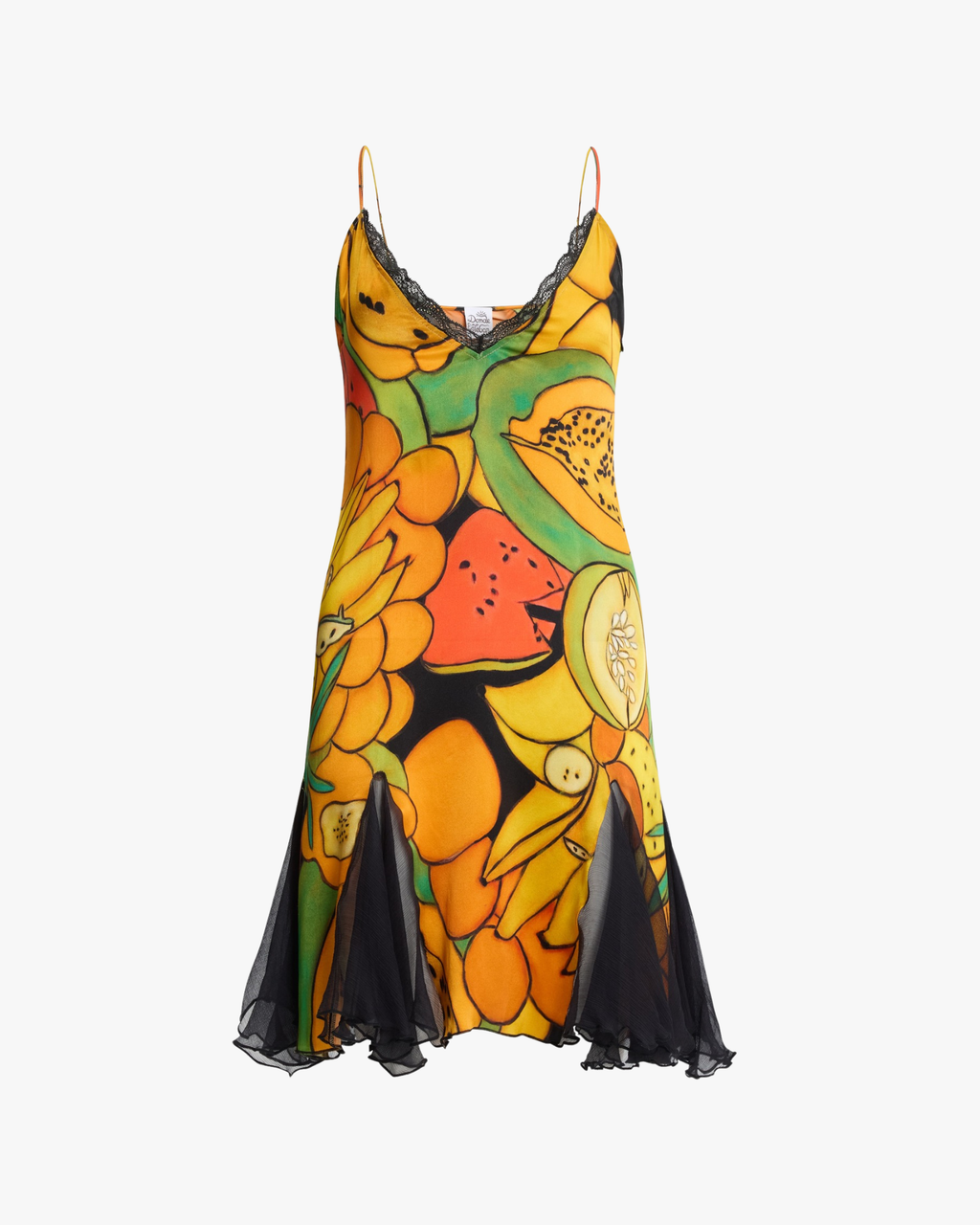 Frutas Print Silk Satin Mini Dress with Lace Trim