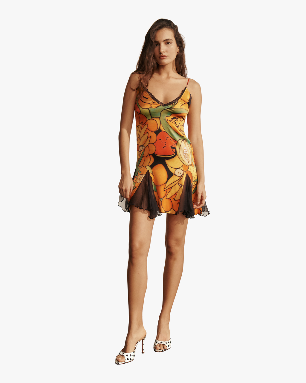 Frutas Print Silk Satin Mini Dress with Lace Trim