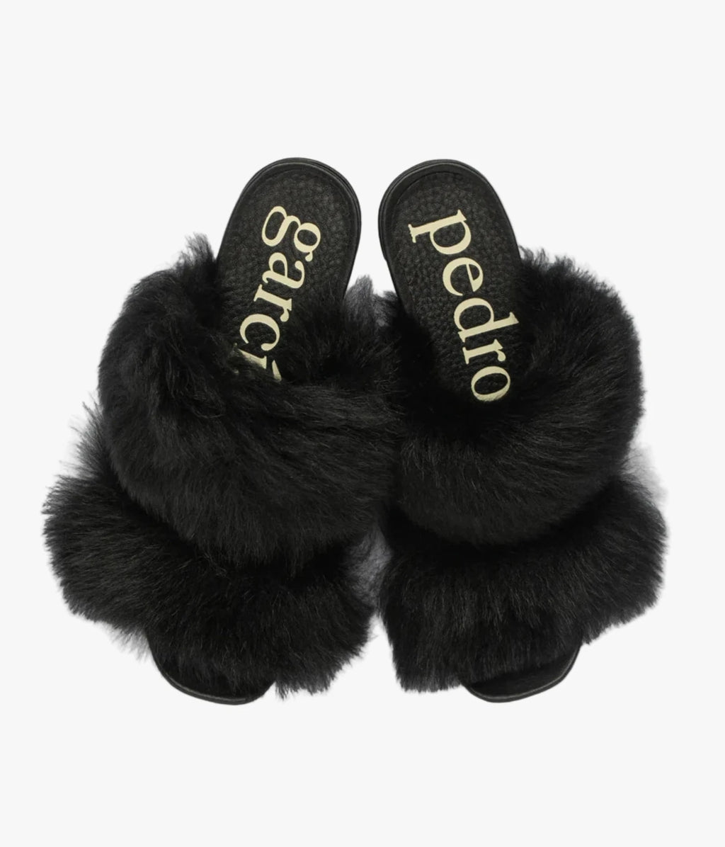 Cissy Long-Hair Shearling Sandals Black